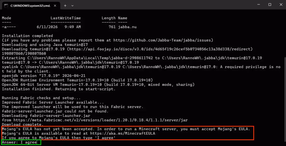 The accept eula prompt in the terminal and i agree typed in