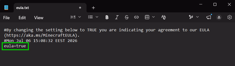 Accept eula, with "true" typed in instead of "false"