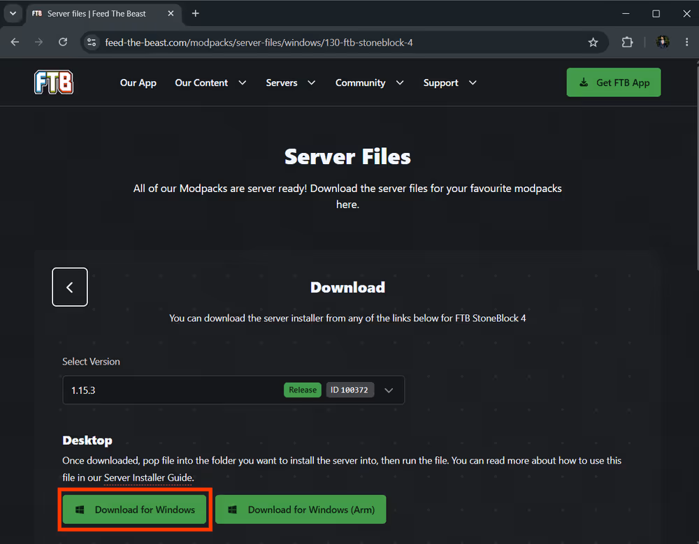 FTB server files page with a modpack selected and the Desktop download button visible]