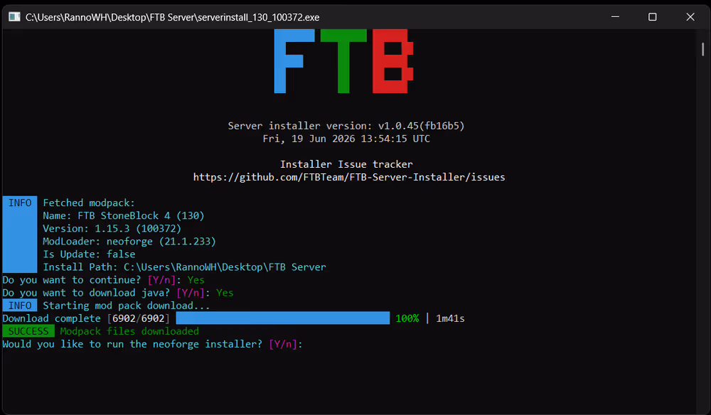 FTB server installer terminal running
