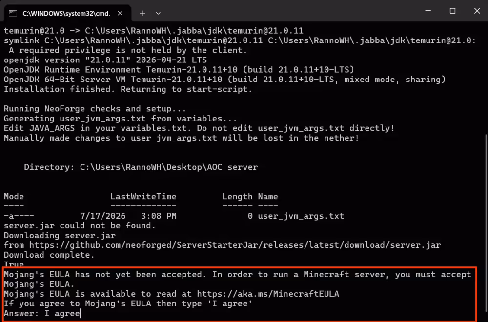 terminal asking to accept Mincraft eula, with "i agree" already typed in