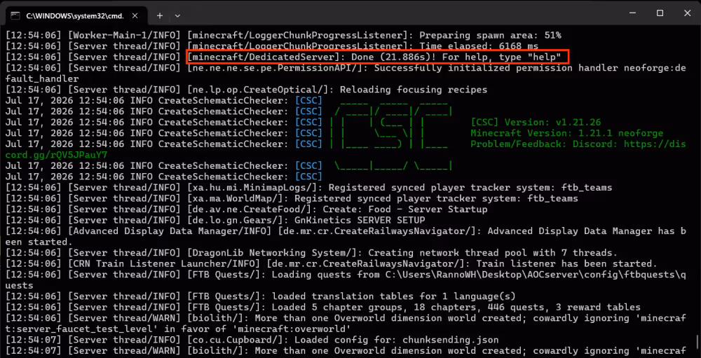 The Cll of Create: Aeronautics terminal with the successful startup message highlighted.