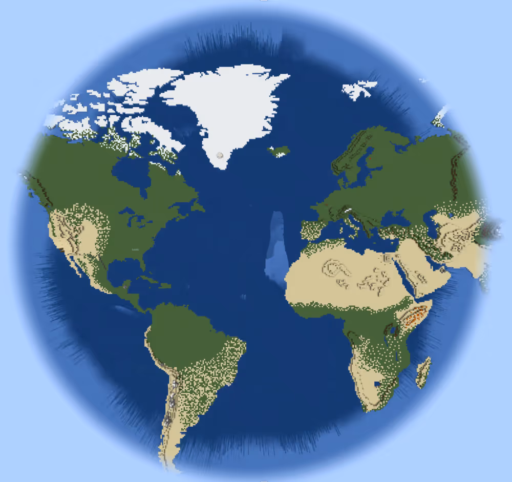 Arial shot of an Earth map replica built in survival minecraft by Shulkercraft