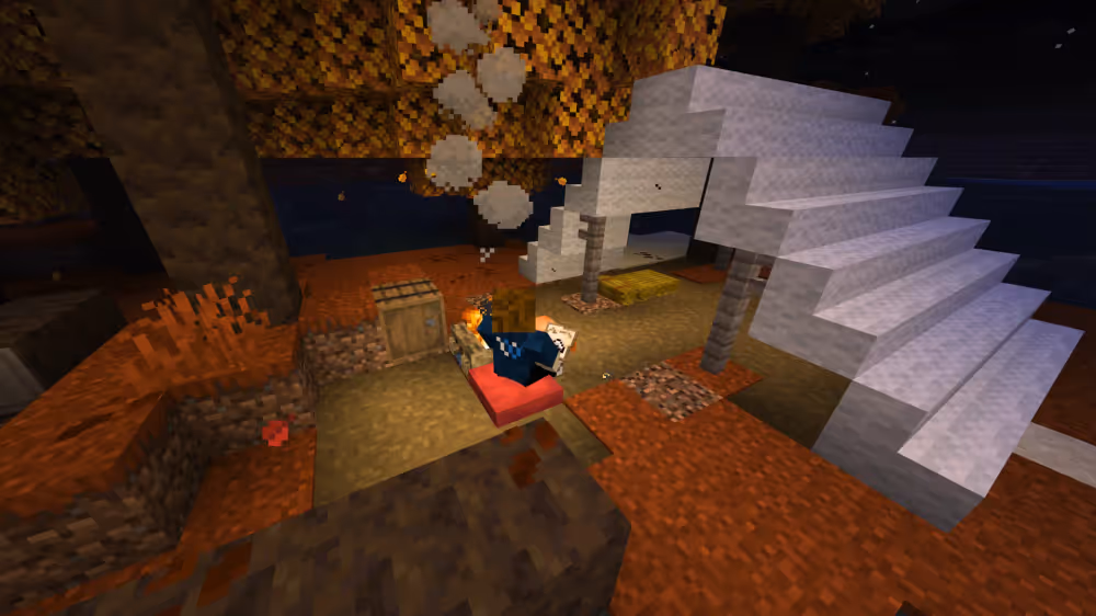 A campsite in a Dappled Forest, with a Minecraft character sitting on a cushion, beside a campfire