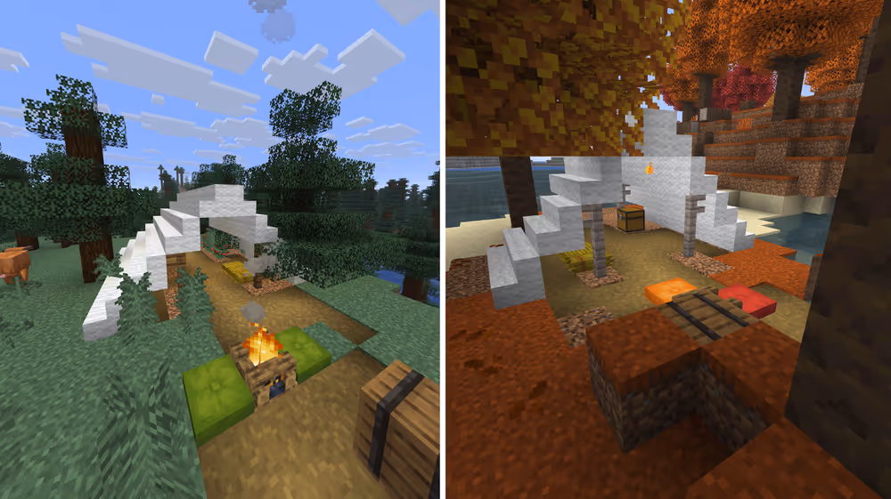 Two different biome variants of the Abandoned Camp structure side by side